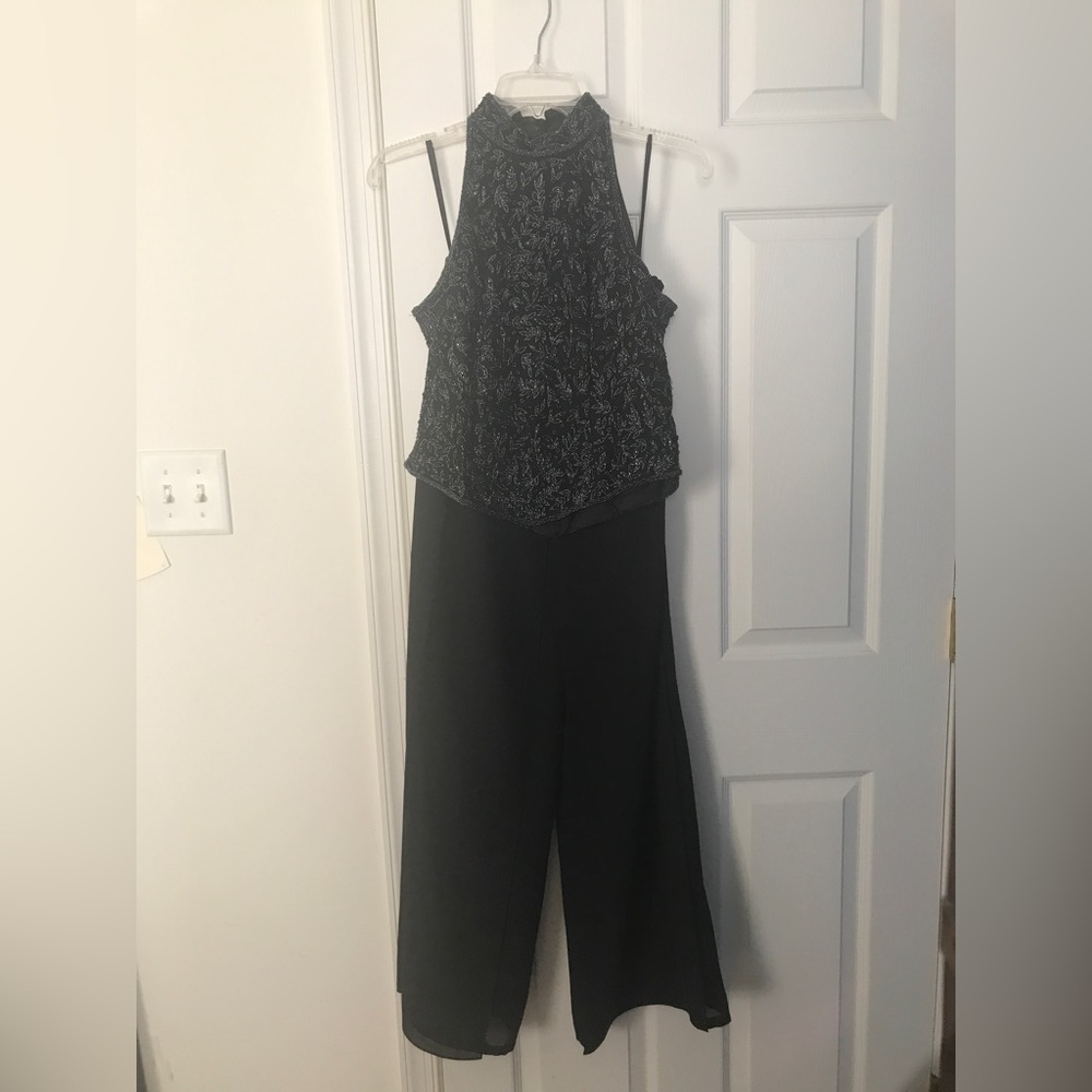Papell Boutique Evening black formal silk halter top & black flared formal pants